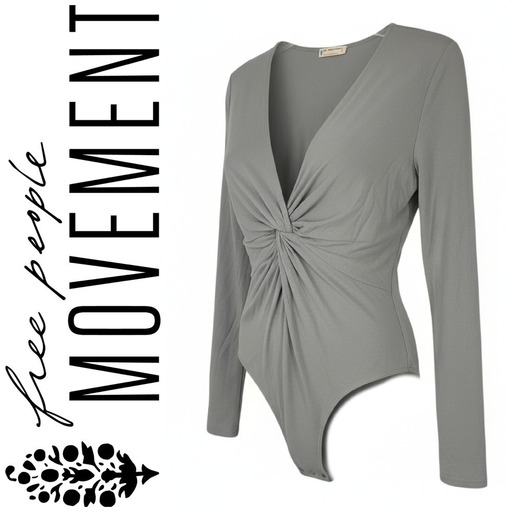 NEW Free People Movement Balletcore Bodysuit Twist Front Long Sleeve Gray Sz M